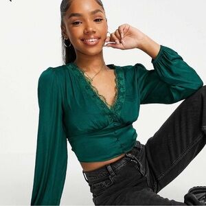 Stradivarius Green Lace Trim Blouse